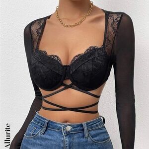 Black Mesh/Lace Longsleeve Crop Top